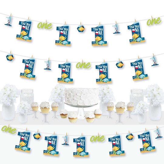 Big Dot of Happiness; Big Dot of Happiness 1st Birthday Reeling in the Big One - Fish First Birthday Party DIY Decorations - Clothespin Garland Banner - 44 Pieces; Category:Kid's Birthday Party; Image:1